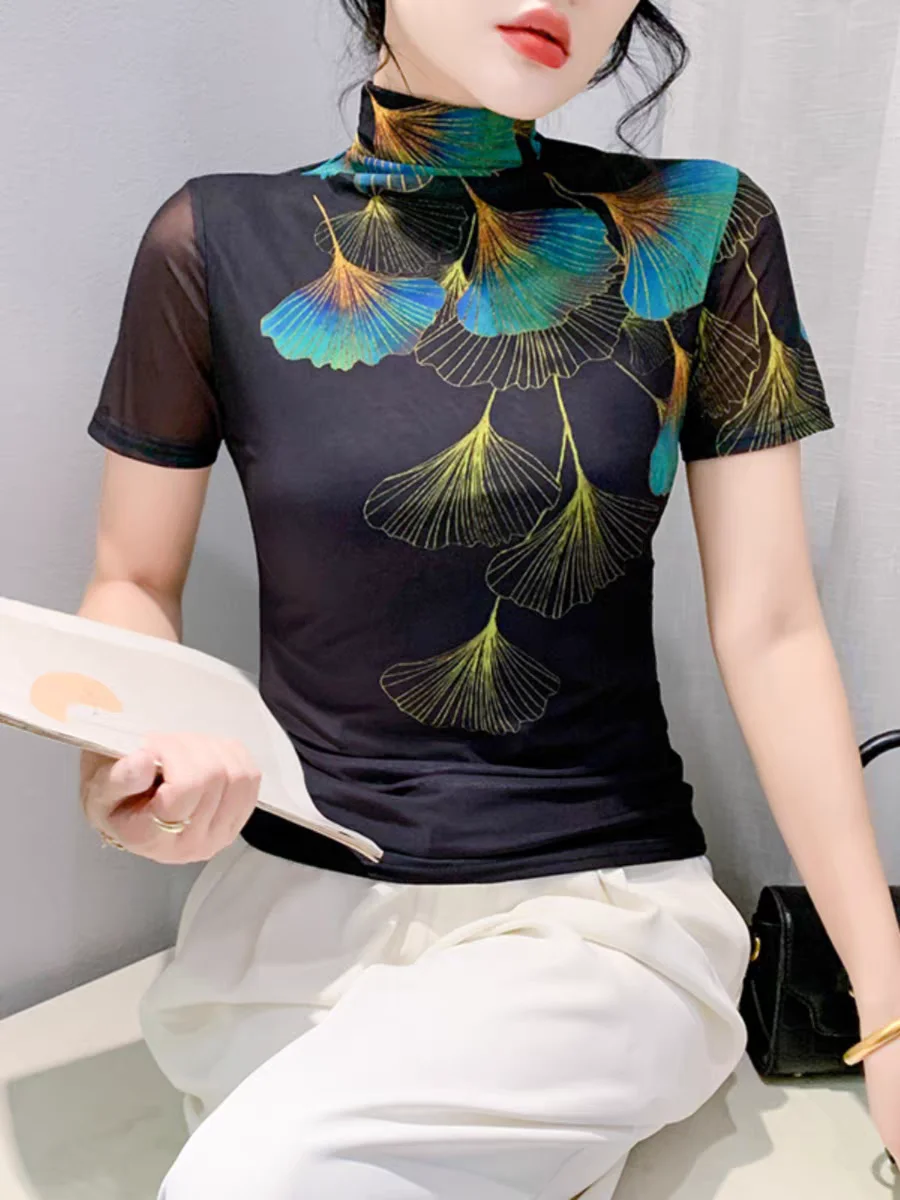 Женская эластичная водолазка базовая модная Сетчатая футболка с принтом