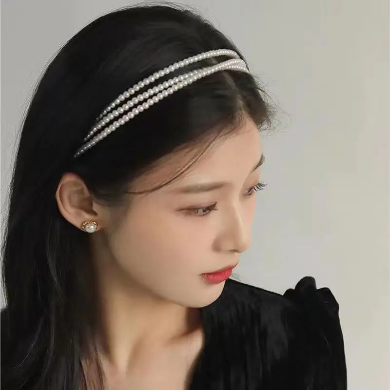 Charming Retro Pearl Hair Band Korean Sweet Elegant Multi Layered Design Headband Banquet Hair Accessories for Women Headdress