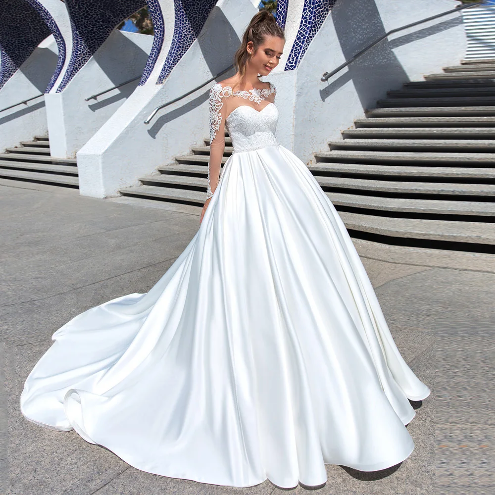 

Roseca Ye Boho Satin Wedding Dress Long Sleeves Lace Appliques Scoop White/ Ivory Bridal Gown Princess Wedding Gowns Custom Made