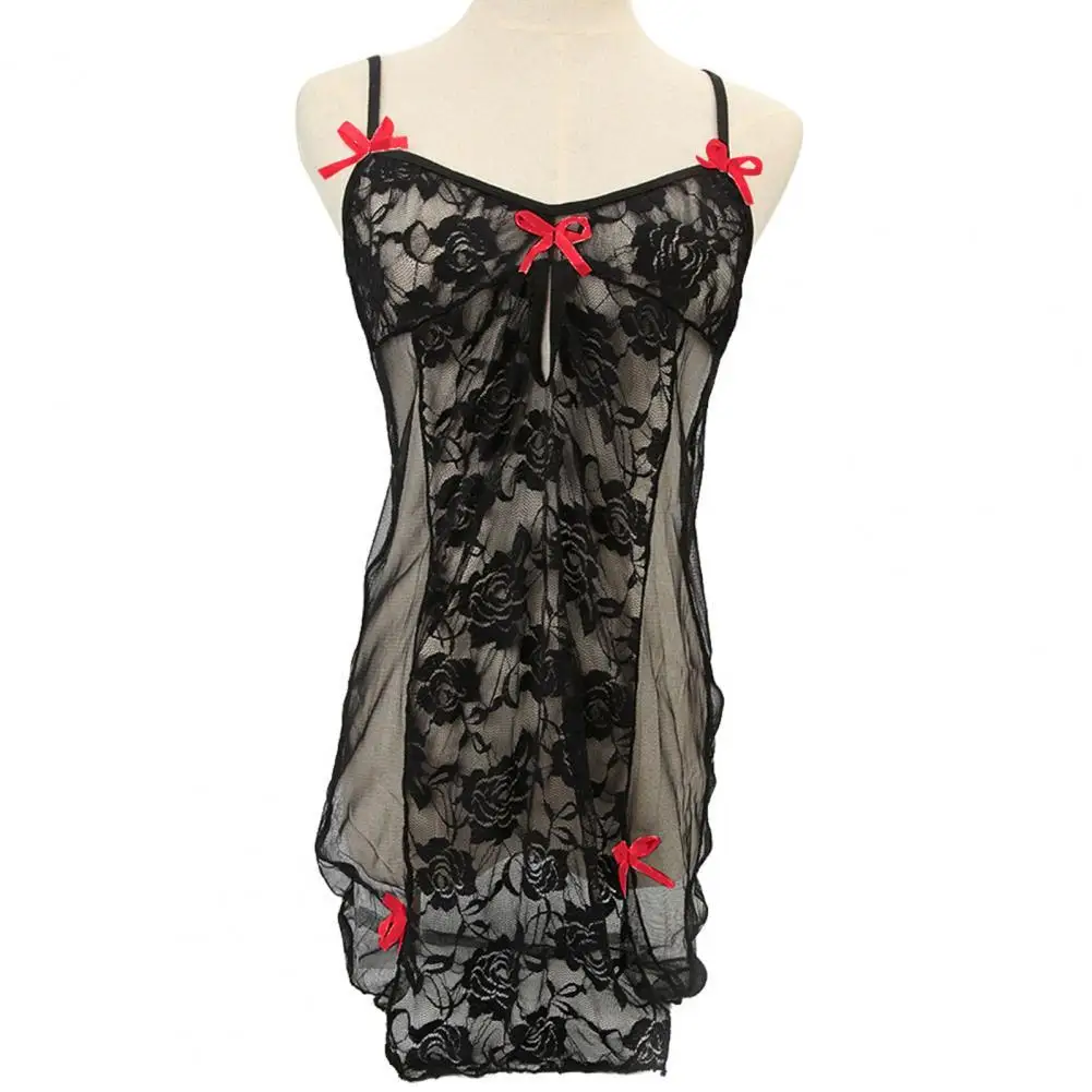 

Sexy V-neck Beach Dress Women See Through Lace Sleepwear Lingerie Night Dress Sleeveless Ladies Satin Nightgown