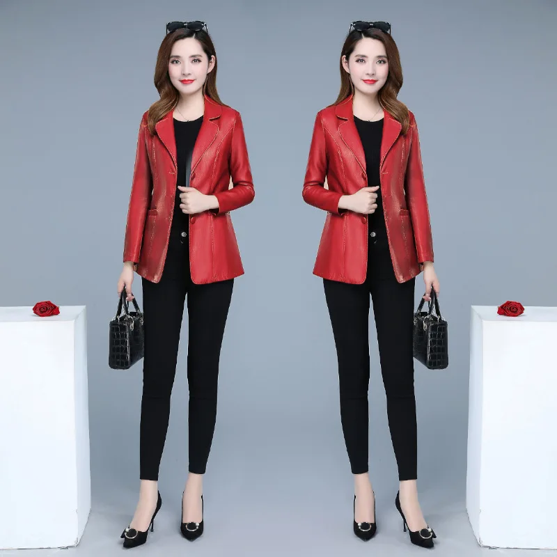 Burgundy Lady Clothes Long Autumn Winter Coat Short Leather Clothing Women's Suit Collar Slim PU Leather Jacket Women's