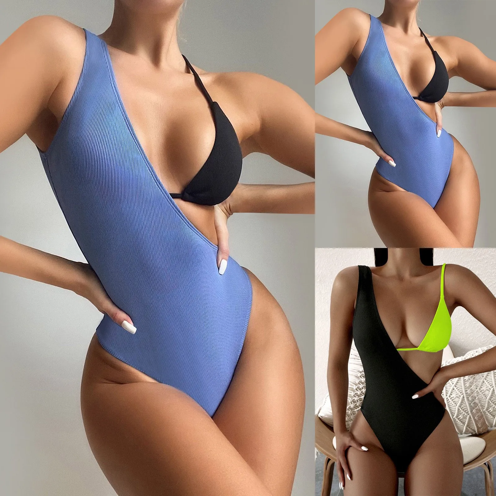 

Ribbed Swimwear Women's Halter Triangle Tie Side Bikini Beach Bath Suit With Cover Ups Three Piece Swimsuits Bathers Beachwear