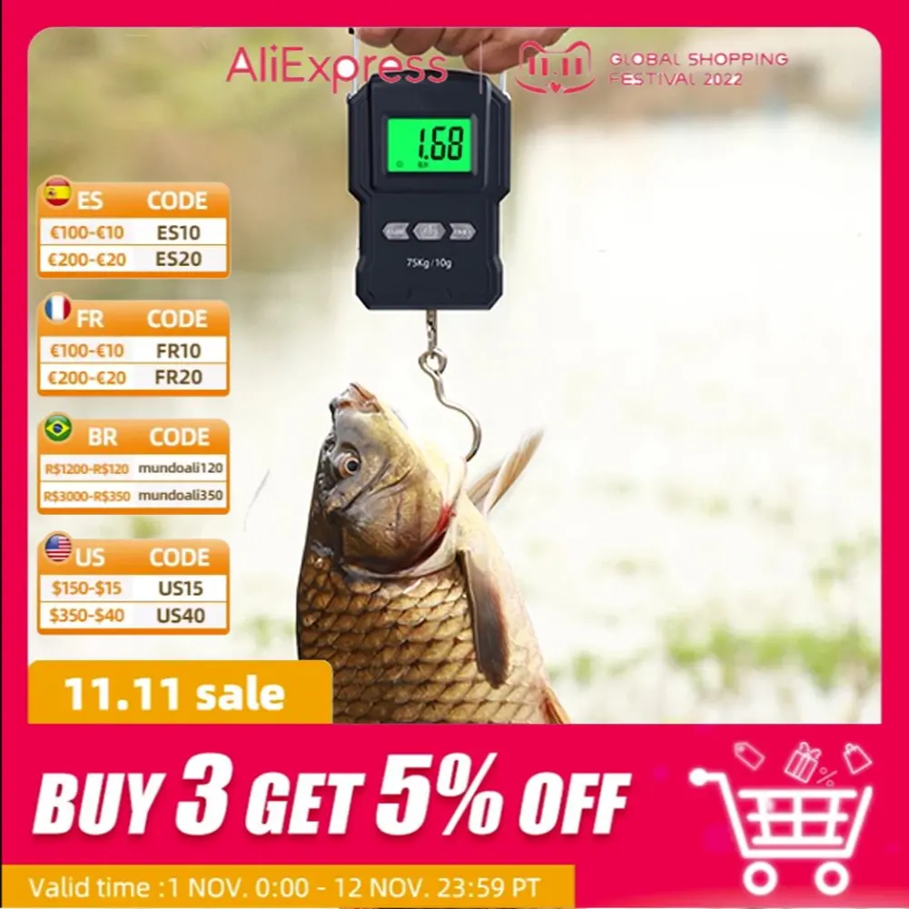 

Электронные весы, 75 кг/10 г, 50 кг/5g, с цифровым ЖК-дисплеем, шкала подвесного крючка, с измерительной лентой, для рыбалки, путешествий