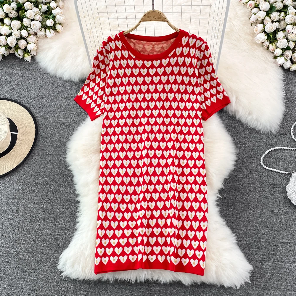 

2022 Summer New Round Neck Contrast Color Love Loose and Thin Mid-length Straight Knitted Dress Short Sleeves