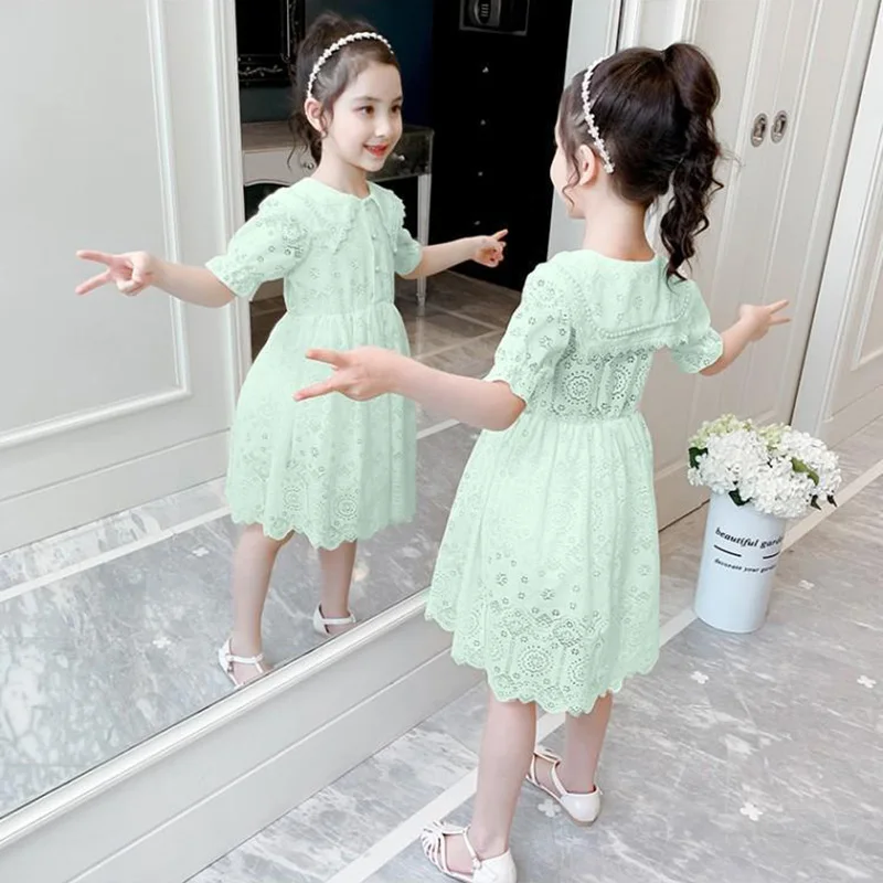 Платье для девочек летнее кружевное однотонное платье повседневное стильное