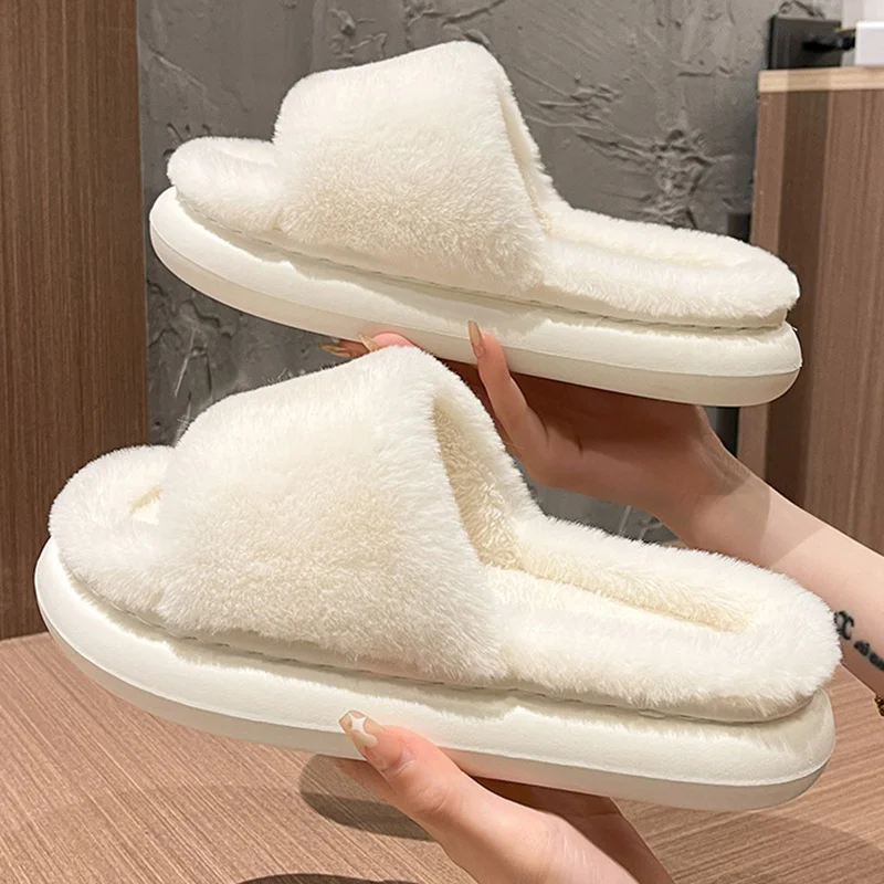 

Fluffy Fur Home Slippers Women Winter New Non-slip Indoor Floor Shoes Thick Bottom Home Cotton Furry Slippers Flip Flops