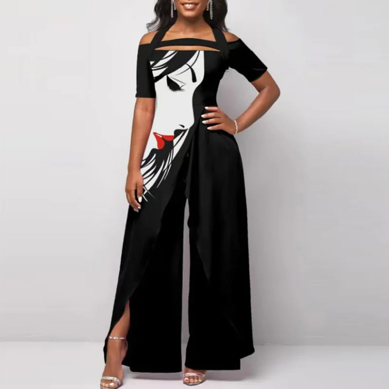 

Retro Abstract Print Backless Jumpsuit Women Sexy Off Shoulder Tie Halter Romper Fashion Casual Slit Wide Leg Overalls Playsuits