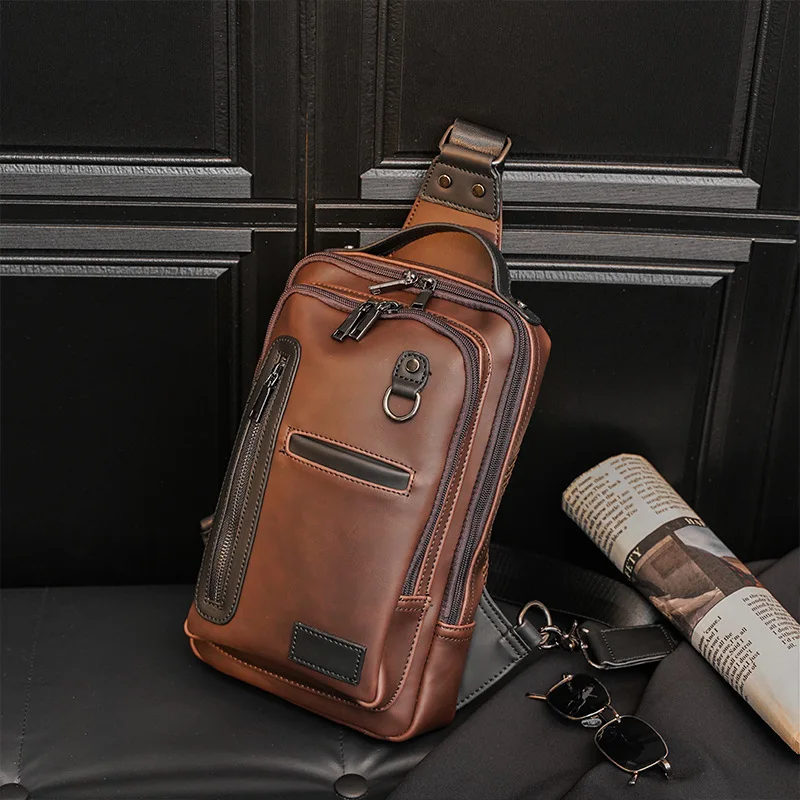 

Fashion Men's High Quality Crazy Horse Pu Leather Skin Big Chest Bag Chest Bag Leisure Diagonal Cross Bag Large Capacity