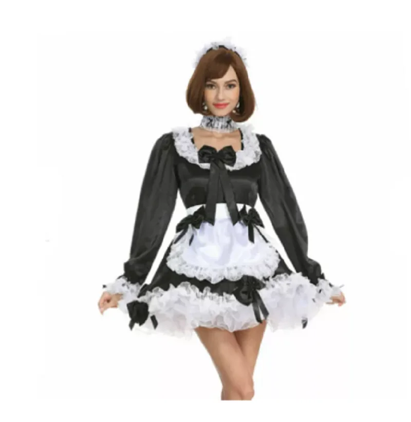 

Sexy Lockable New Hot Sale Maid Sissy Black Low Tie Neck Independent Apron Long Sleeve Fluffy Bow Dress Clothing Customization