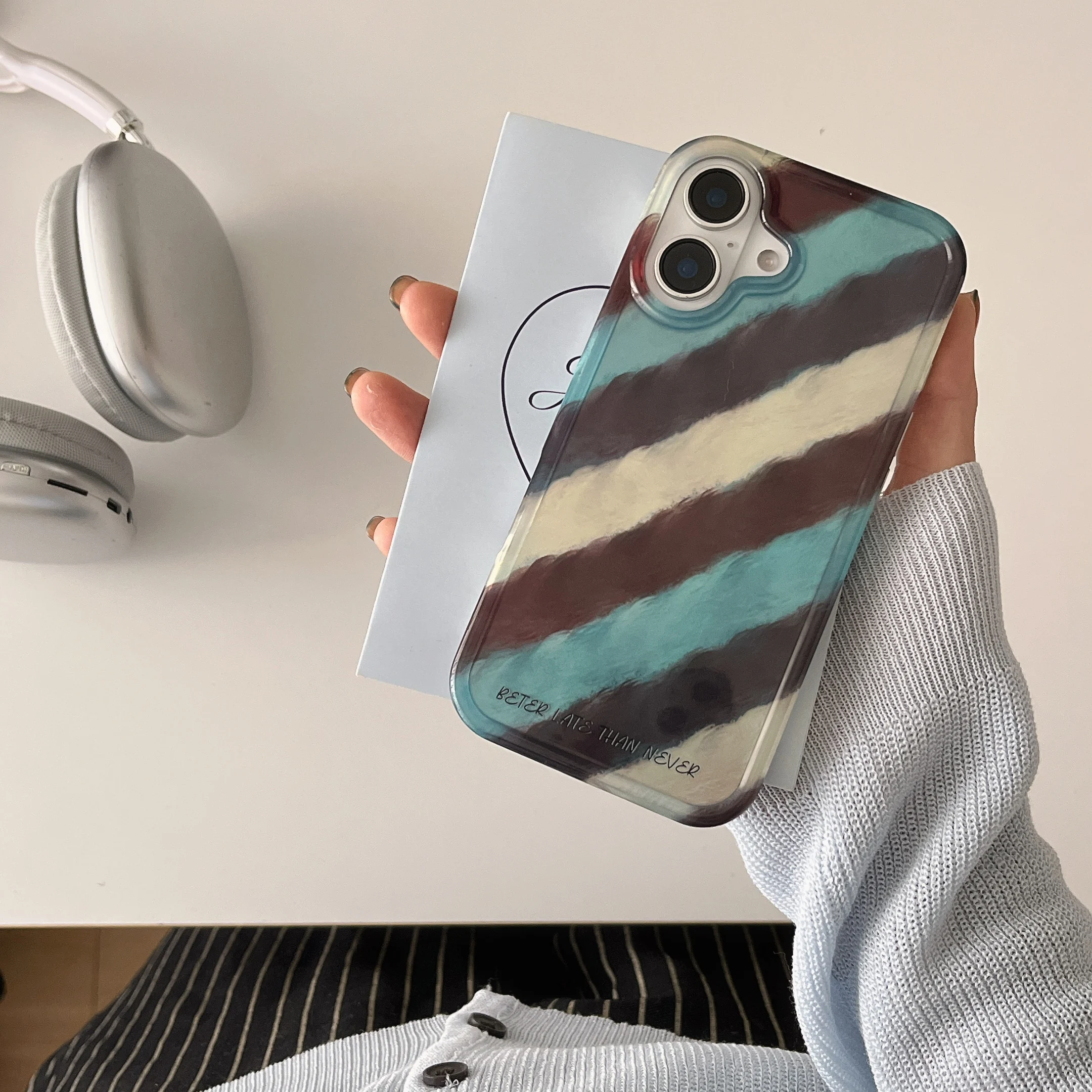 Creative INS Ripple Texture Diagonal Lines Two-layer Chic Phone Case for iPhone 16 15 14 13 Pro Max Back Cover Capa