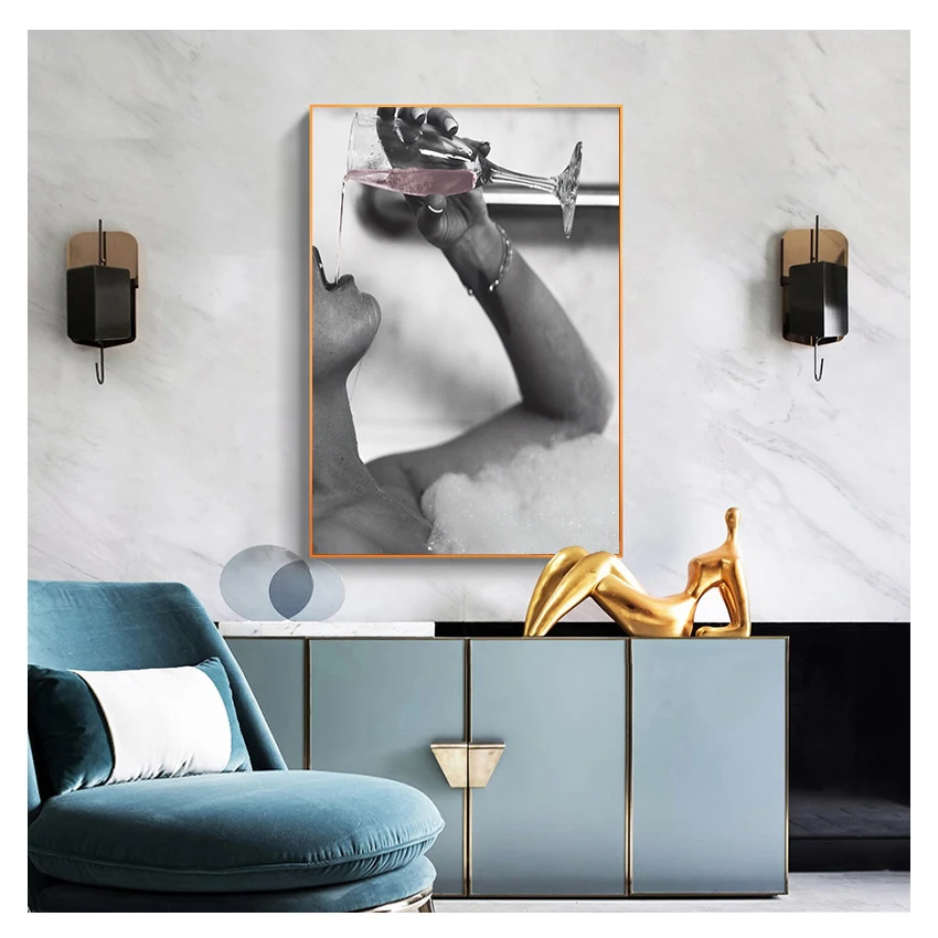 

Fashion Woman Drinking Rose Champagne In Bubble Bath Canvas Prints Modern Painting on The Wall Picture Poster for Bathroom Decor