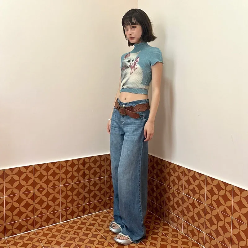 Весна и лето 2024 новая свежая сине-серая рубашка с маленьким белым котом выглядит