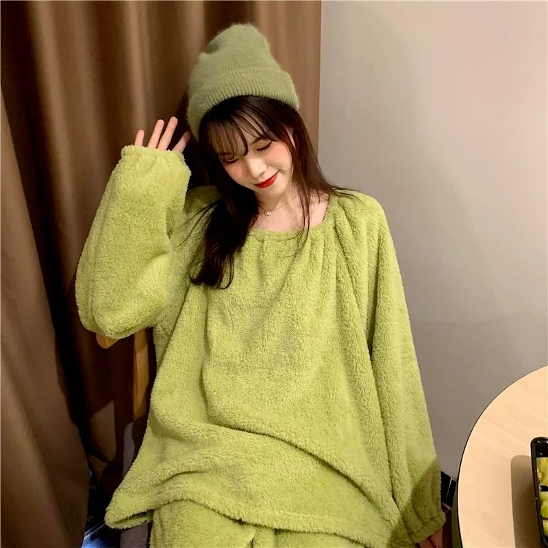 QWEEK Pajamas for Women Solid Color Flannel Home Clothes Pink Yellow Green Pijamas Winter Nightwear Korean Fashion Pyjamas Cute
