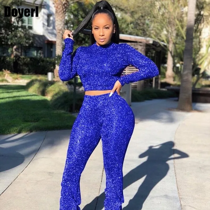 

Sexy Glitter Two Piece Set Top and Pants Club Outfits for Women Matching Sets Long Sleeve 2 Piece Stacked Pants Set Wholesale