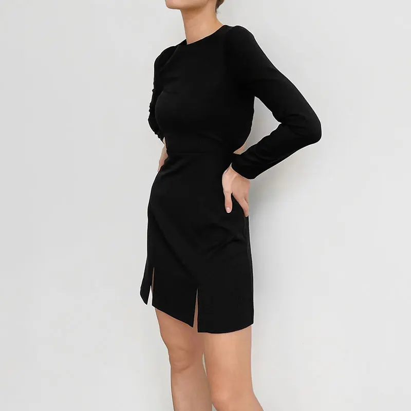 

Black Elegant Personalized tailoring design Long Sleeves Cut Out Expose Waist Black Color Slim Fit Small Round Neck Short Dress