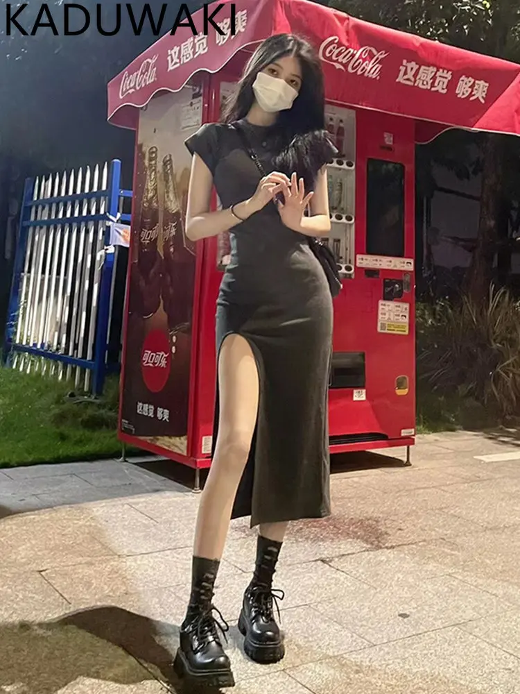 

Side Slit Midi Short Sleeve Dress for Women Sexy Club Ladies High Street Y2k Clothes Mujer Ropa Tender Hipster Slim Fit Summer