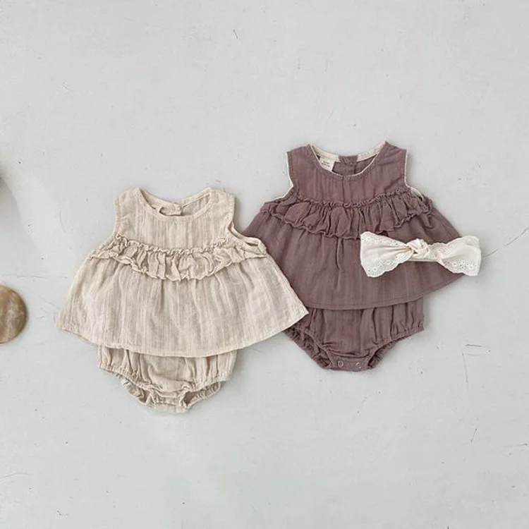 

Baby Clothes set For Girls Summer Soft Linen Cotton baby girls clothes Toddler Boutique Clothing Set sleeveless Tops Bloomers
