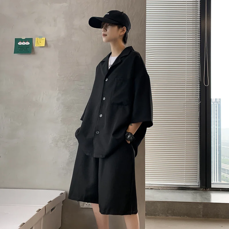 

Korean Loose 2 Piece set Suits Men Women Shirt Shorts Sets Male Short Sleeve Shirt And Wide Leg Straight Short Pants Streetwear