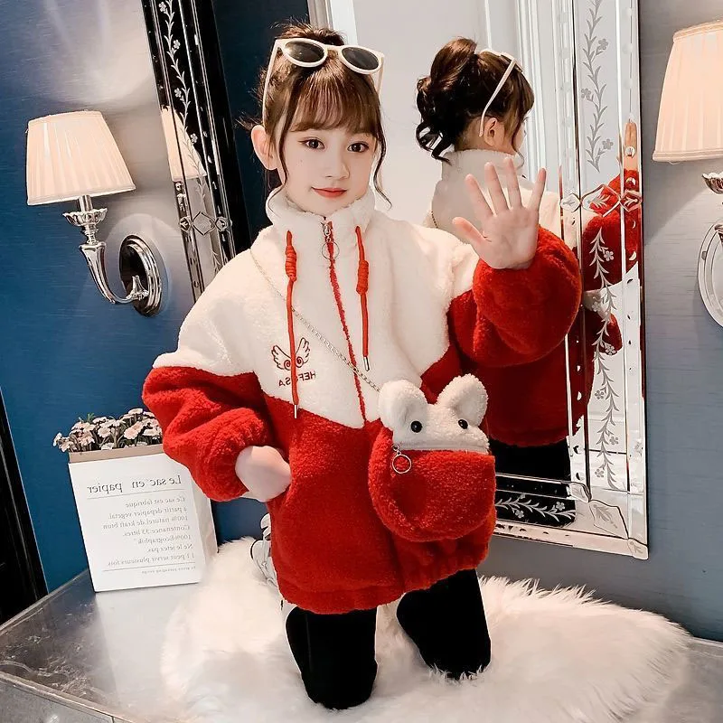 

Girls Coat Jacket Cotton Outwear Tops 2022 Hairy Warm Thicken Plus Velvet Winter Autumn Teenager Furs Sport Birthday Gift Childr