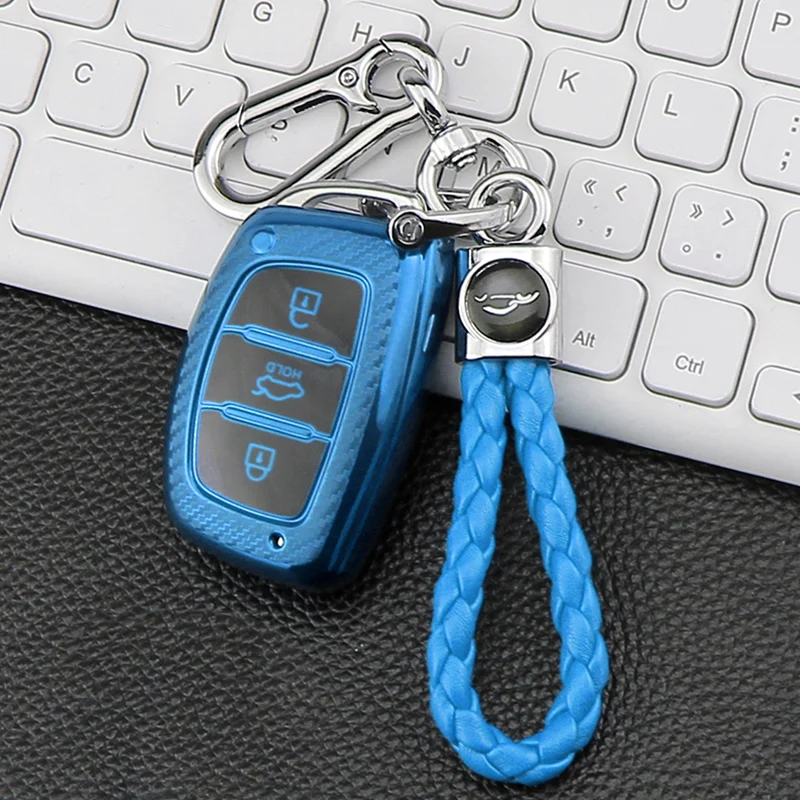 

TPU Carbon Fiber Car Remote Key Cover Case Bag Holder Keychain for Hyundai Creta I10 I20 Tucson Elantra Santa Fe Key Protector