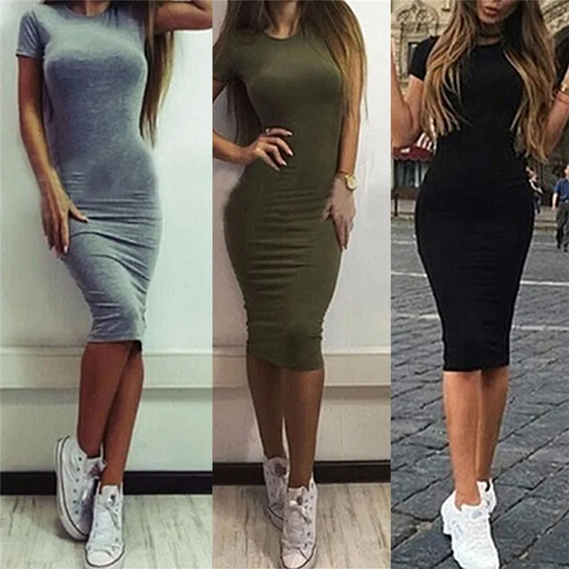 Women Cotton Knee-Length Skinny Office Dress Short Sleeve Bodycon Pencil Dress
