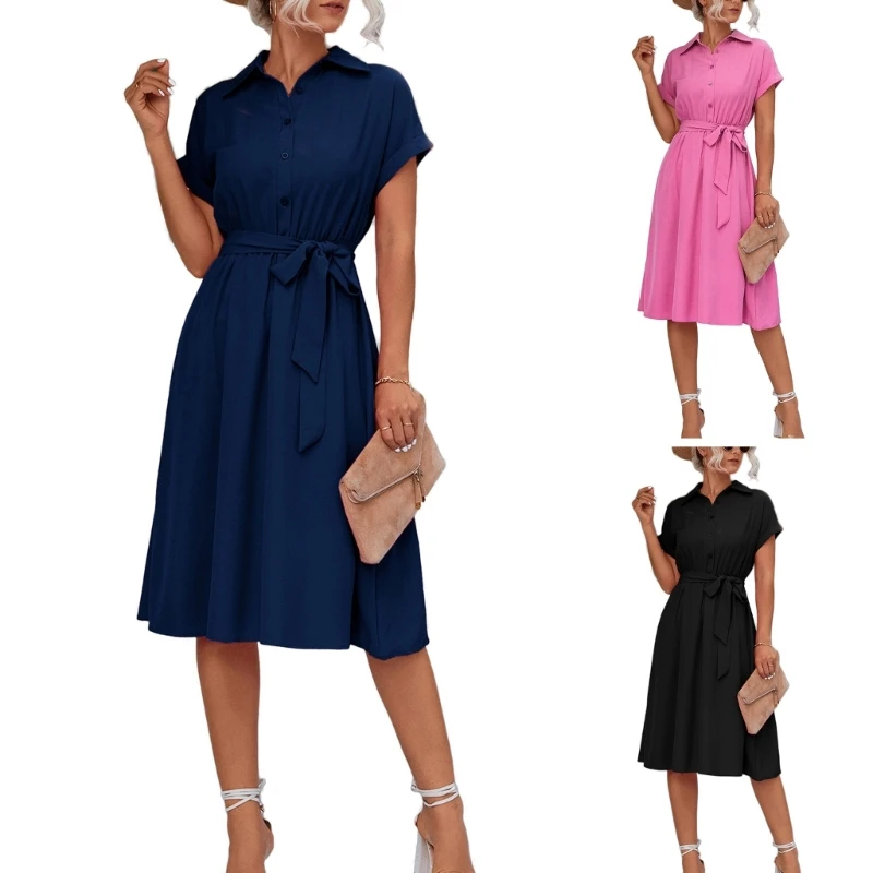 

F42F Lapel Neck Shirt Dress Women Summer Sweet Adjustable Waist Wedding Guest Dress