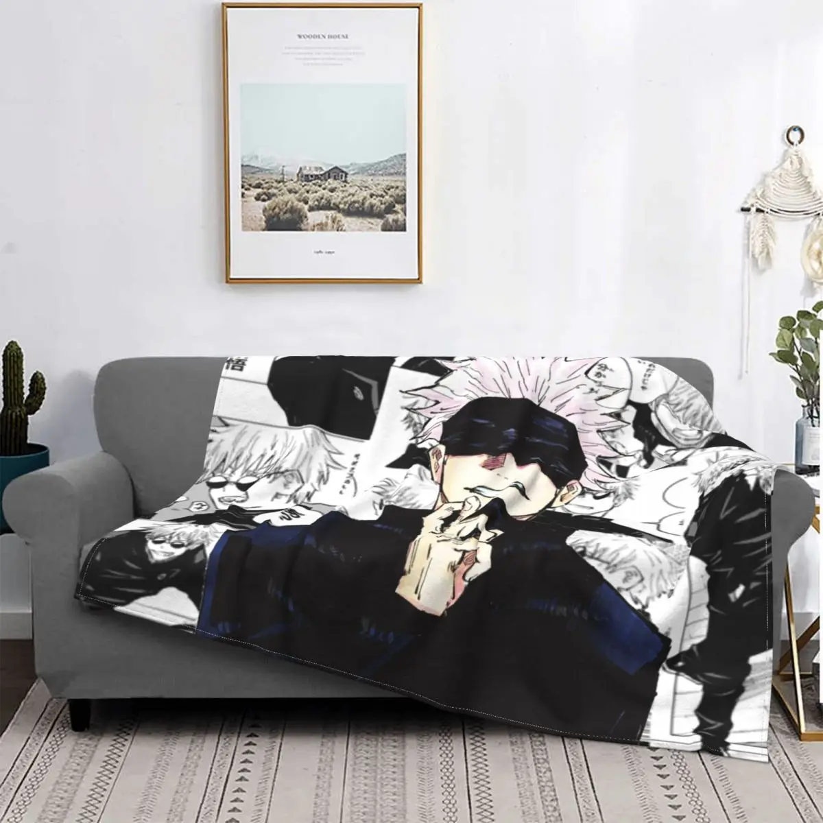 

Gojo Satoru Collage Manga Velvet Throw Blanket Jujutsu Kaisen Anime Blanket for Sofa Couch Ultra-Soft Plush Thin Quilt