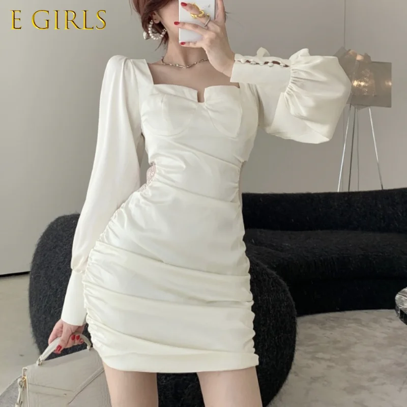 

E GIRLS Y2k Mini Dresses Women Casual One Piece Dress Korean Office Lady Winter Puff Sleeve Solid Elegant Party Dress Chic