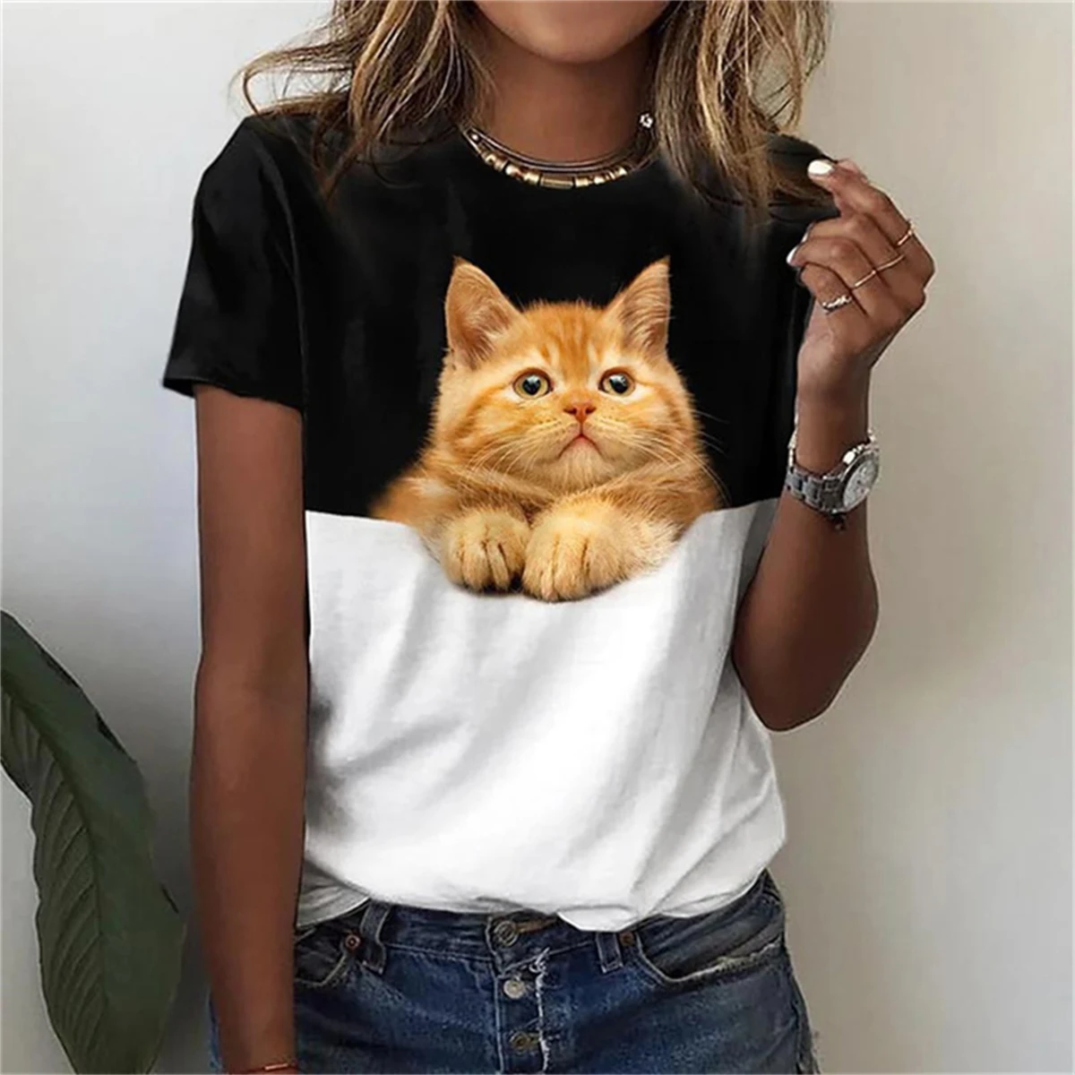 

2023 Summer Women Cute Cat 3D Print T Shirt Famale Top O-Neck Harajuku Kawaii Tee Casual Oversized Short Sleeve Plus Size Tops