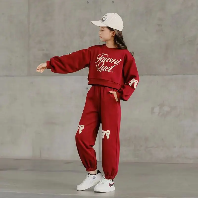 

Girls' Suit Spring And Autumn Children's Sports Suit Teenage Girls Loose Fashion Hoodie Hoodie Pants All-Matching Printed Two-Pi