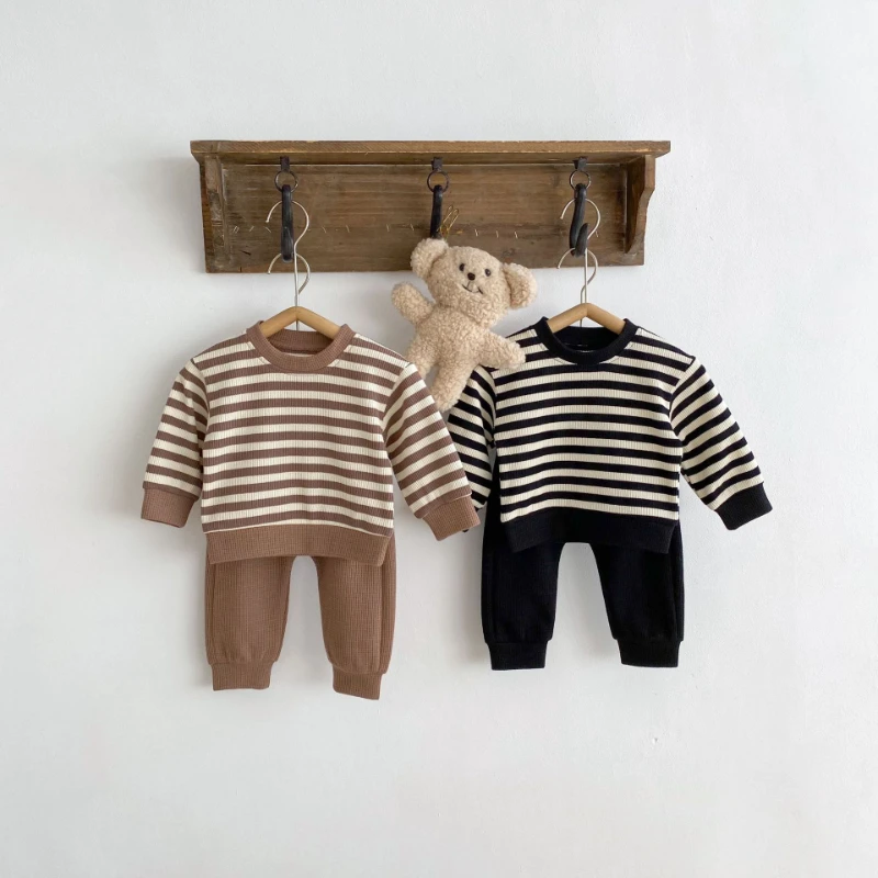 

Spring Baby Clothes Set for Toddler Boy Autumn Casual Stripe Clothing Waffle Long Sleeve Sweatshirt and Pants Baby Suits
