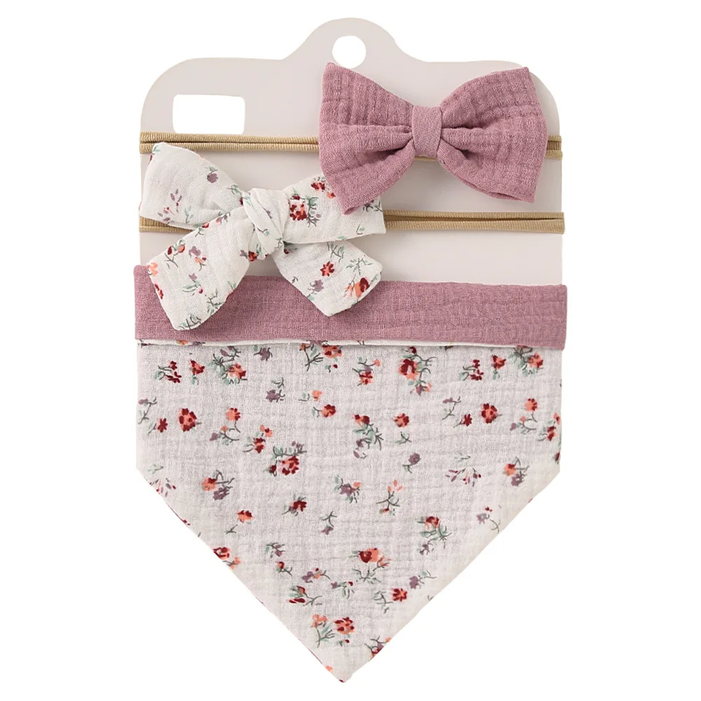 3Pcs/Set Muslin Cotton Baby Bib Newborn Bows Headband Triangle Print Saliva Towel Infant Boy Girl Feeding Burp Cloth Shower Gift images - 6