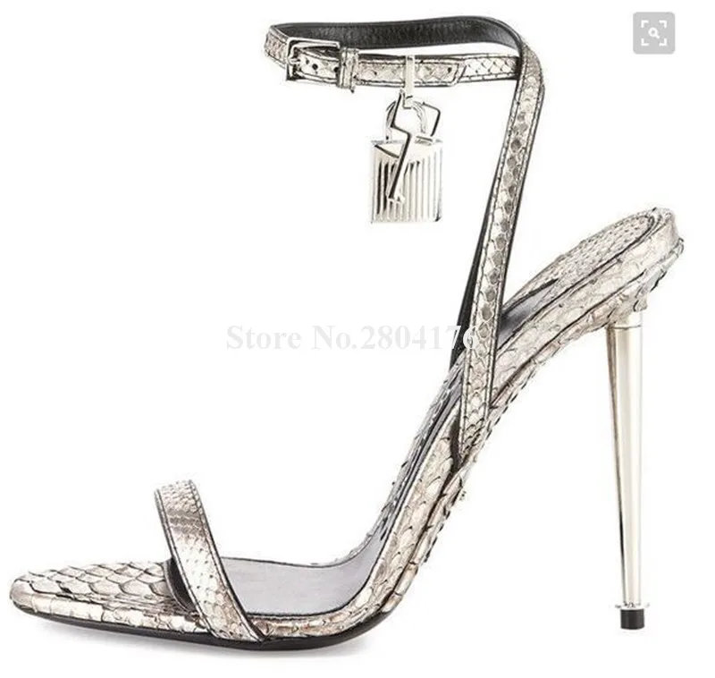 Gold Metal Lock Sandals Fashion Women Open Toe Stiletto Heel Gladiator Sexy Party Dress Shoes