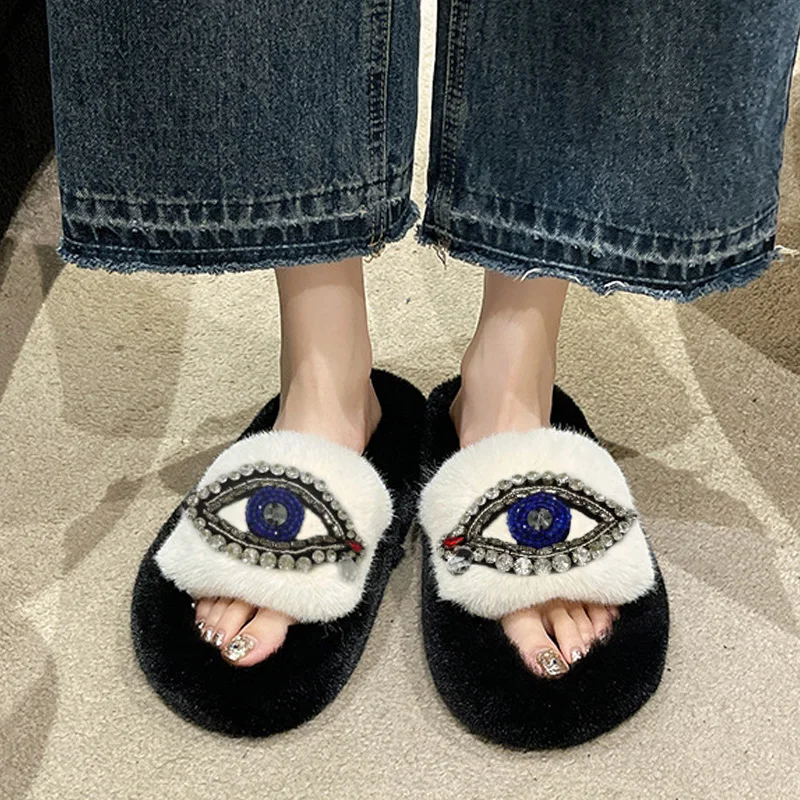 

Женские пушистые тапочки, новинка 2023, модные тапочки для глаз, домашние теплые Повседневные тапочки на плоской подошве, женская обувь