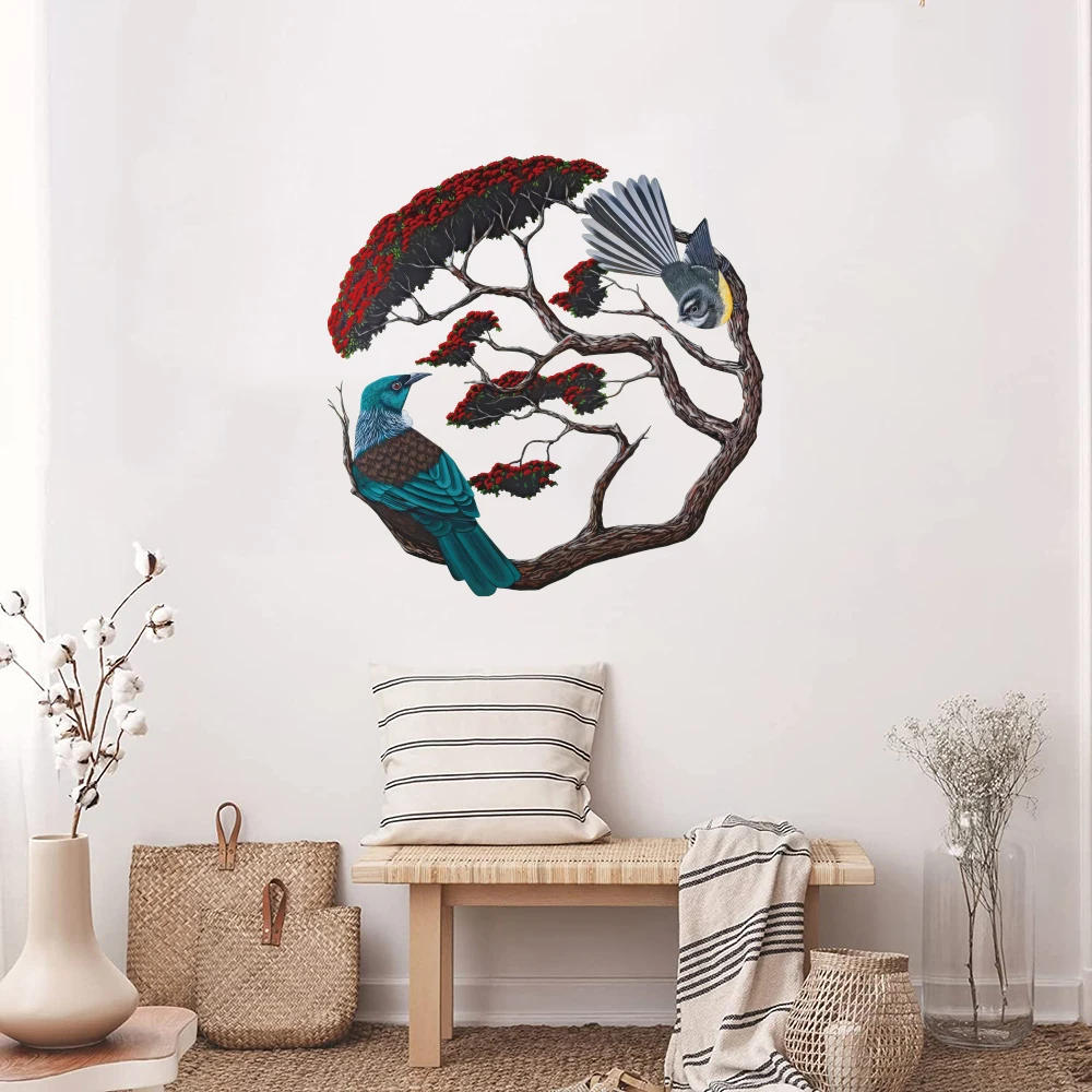Красивая наклейка на стену Tui &amp Fantail in Pohutukawa Bird Tree потрясающий круг Новой