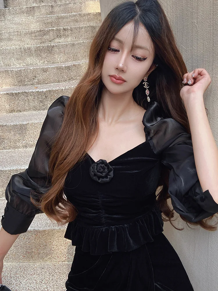 Dabuwawa бархатная рубашка для женщин 2023 Новая коллекция Лоскутная Сетка с длинным