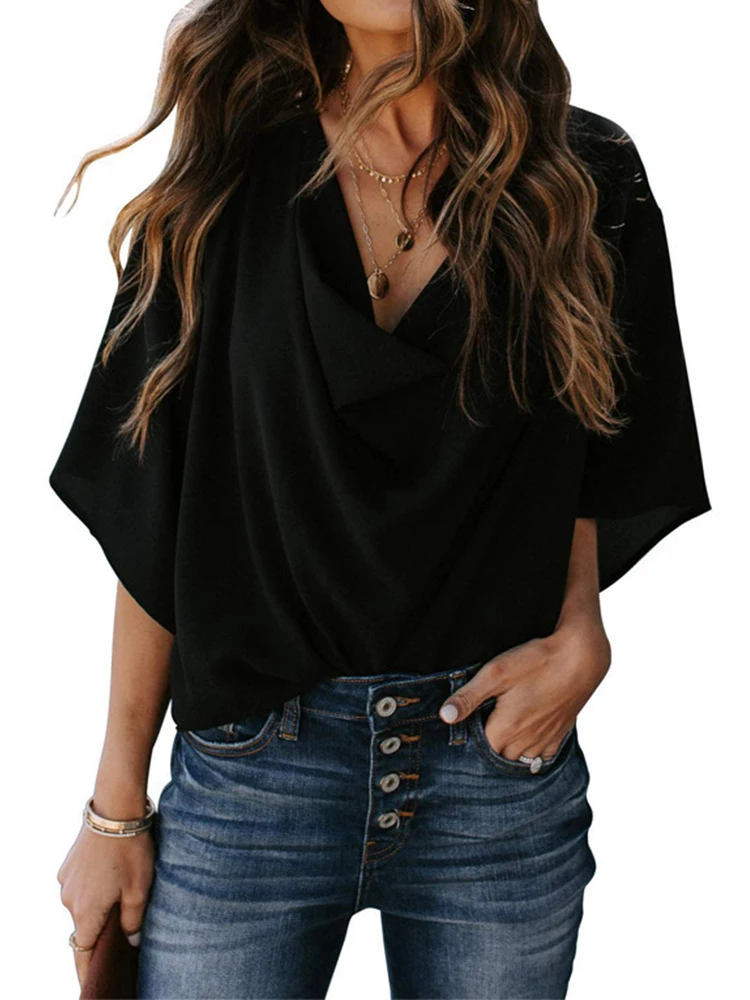 

Женский офисный пуловер с рукавом летучая мышь, элегантная Свободная блузка с принтом и V-образным вырезом, весна-лето 2022