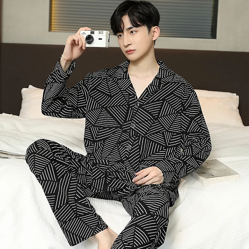 QUHENG Men Pyjamas Sets Cotton Pijama Sleepwear Autumn and Winter Long Sleeve Sleep Clothes Male 2 Pieces Sets Homewear  Men's