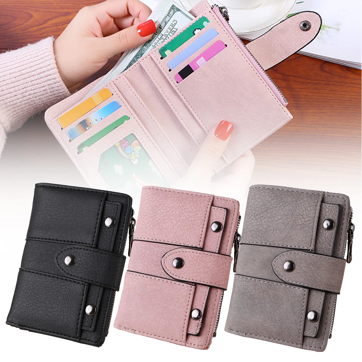 

Women's Wallet Coin Purse Solid Colour Short Paragraph Buckle Student Wallet Leather Folding Coin Card Holder Korean Version