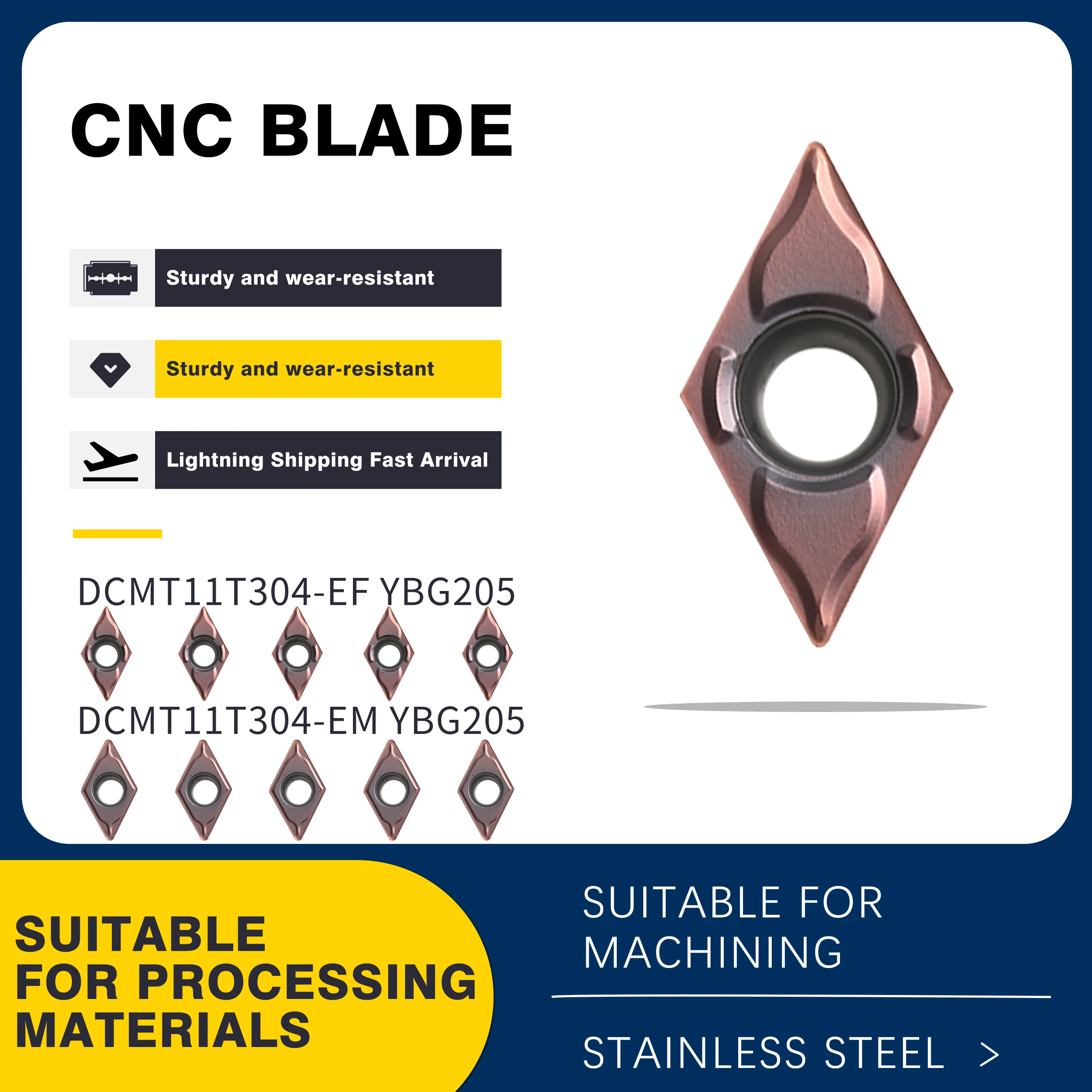 

CNC Lathe Cutting Blades DCMT11T302 DCMT11T304 DCMT11T308-EF/EM YBG205 High-quality Carbide Turning Inserts,For Stainless Steel
