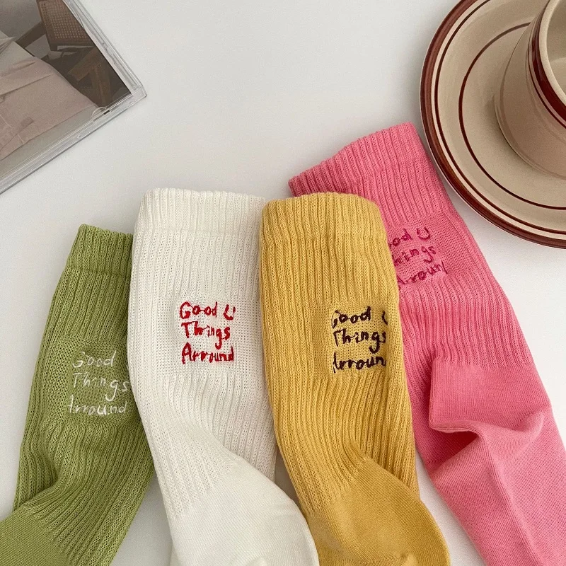Women's Stockings 2pcs Kawaii Solid Color Monogram Embroidery Fashion Style Colorful Leisure Simple Long Cotton Woman Socks Set