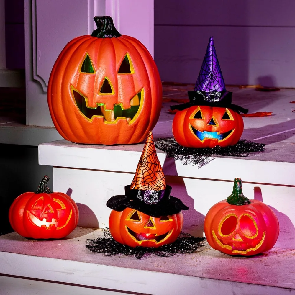 

JOYIN 5 Packs Halloween Light up Jack-o’-Lantern Combo Set, Pumpkin Prop with LED Light Halloween Tabletop Decorations