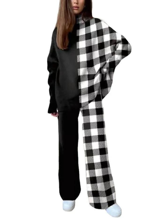 

2022 European and American women's autumn/winter new fashion printed loose high collar trousers long sleeves two-piece set