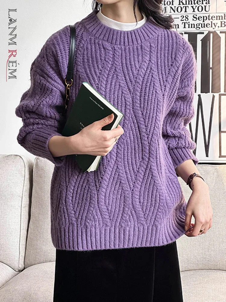

[LANMREM] Minimalism Knitting Warm Sweater For Women 2023 Winter New Solid Round Neck Pullover Tops Female Clothing 26D7548