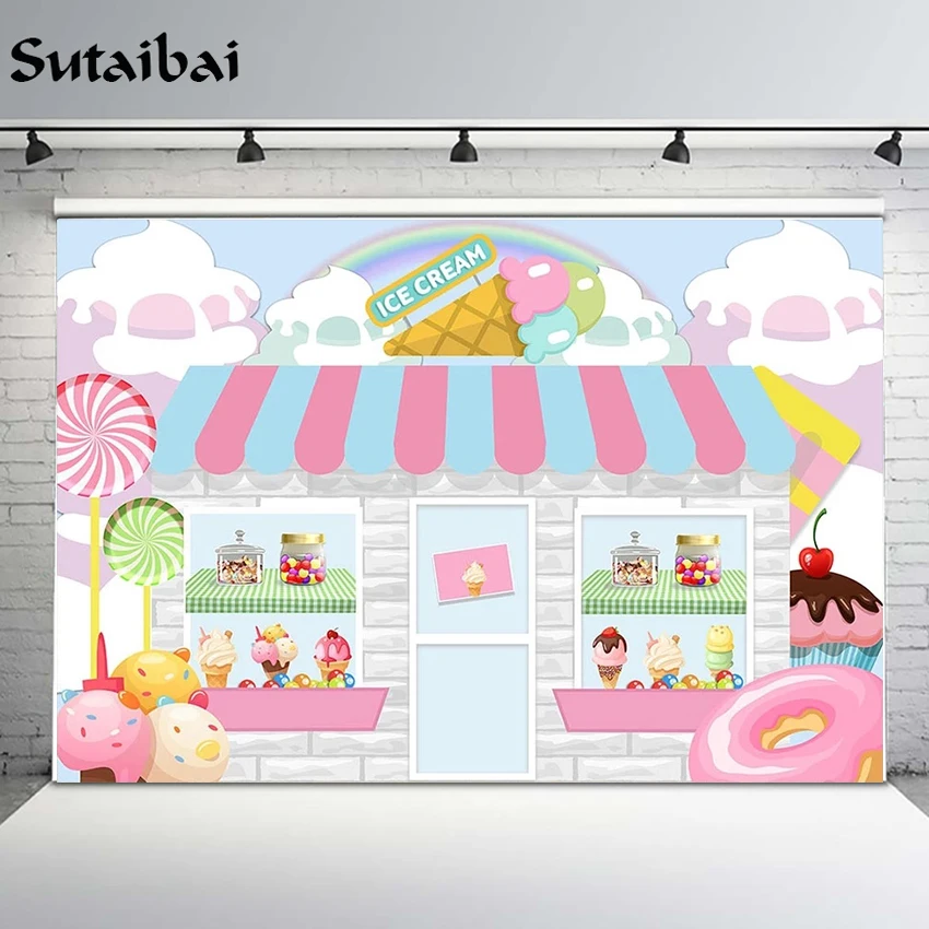 

Candy Bar Ice Cream Parlor Celebration Background Baby Birthday Photography Background Photobooth Banner Cake Table Decorations