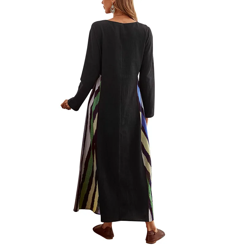 Middle East Arab Women's Dress Muslim Ramadan Robe Dubai Abaya Fashion Black Stripe Print Loose Casual Long Dress 2022 New