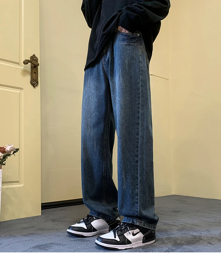 Four Seasons American High Street Jeans Men's Trend Simple Versatile Loose Wide Legs Casual Straight Pants Ins Hot Sale Cotton