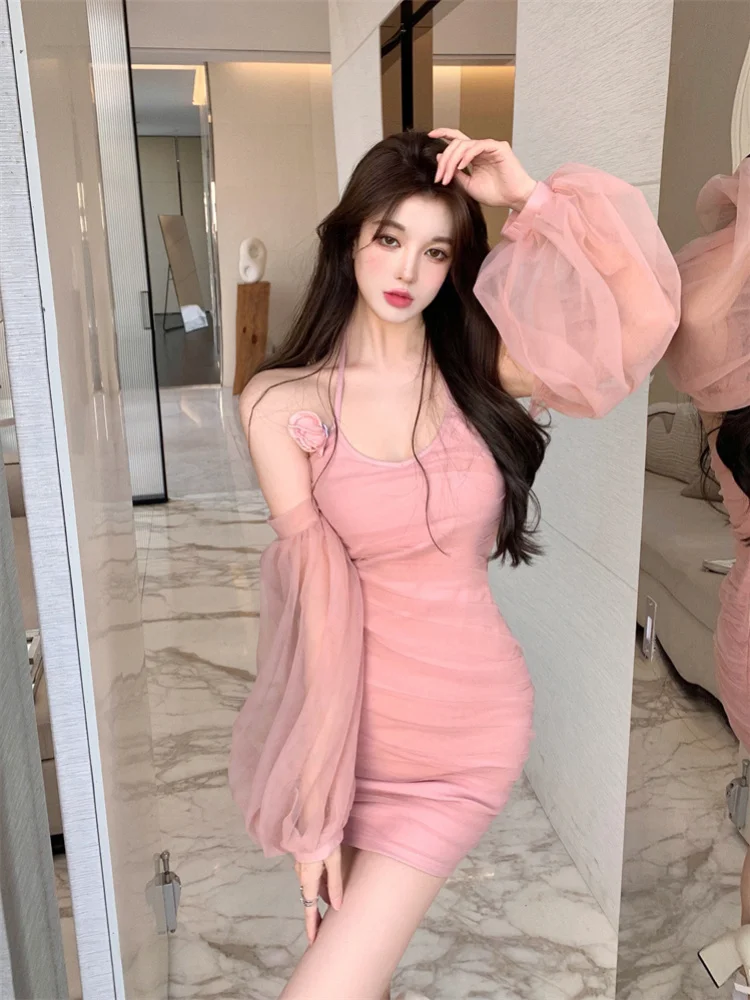 

2022 Summer Elegant One Piece Dress Korean Style Vintage Party Bodycon Dresses Woman Sexy Mesh Puff Sleeve Pink Vestido M364