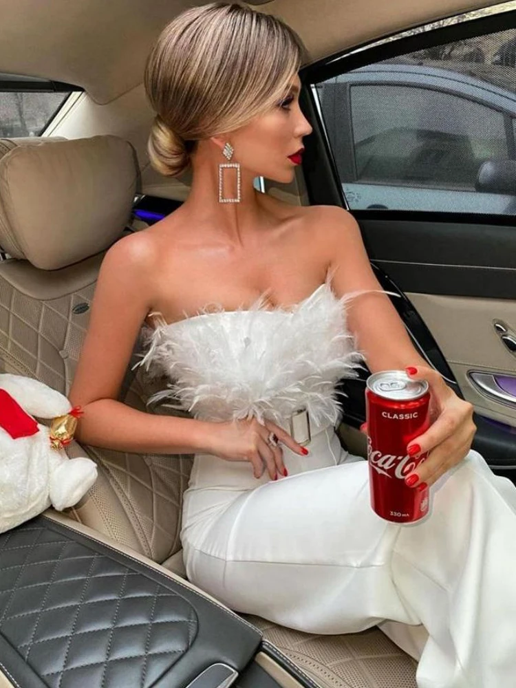 

2022 Spring/Summer New Feather Tube Top Sexy Fashion Jumpsuit Belt Belt Jumpsuit Ladies Elegant Party Wear Women's Club Party