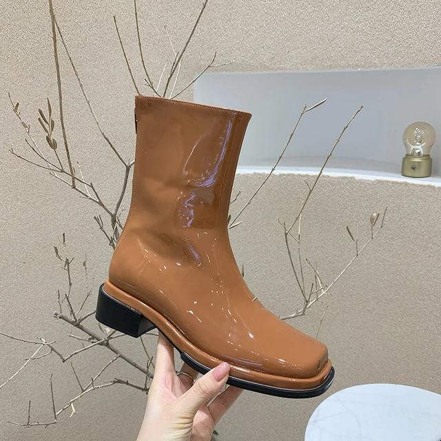 Patent Leather Women Ankle Boots Brown 